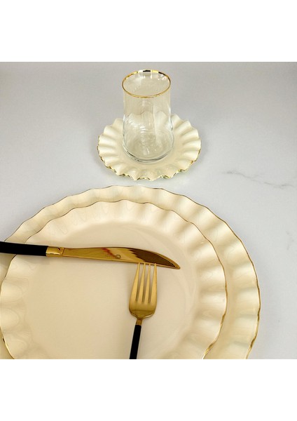 Glore Solid Krem Wavy Altın Yaldızlı 6 Kişilik 34 parça Pasta servis Takımı modelleri