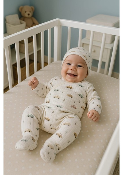 3 Lü Bebek Zıbın Takımı 0-3 Ay %100 Pamuk Kendinden Eldivenli Şirin Desenli