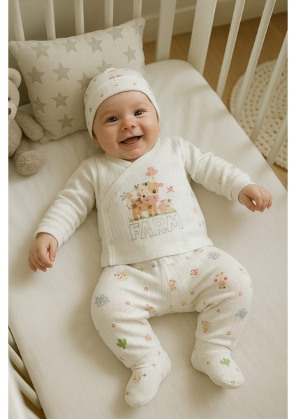 3 Lü Bebek Zıbın Takımı 0-3 Ay %100 Pamuk Kendinden Eldivenli Şirin Desenli
