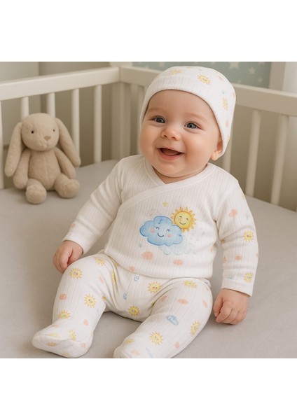 3 Lü Bebek Zıbın Takımı 0-3 Ay %100 Pamuk Kendinden Eldivenli Şirin Desenli