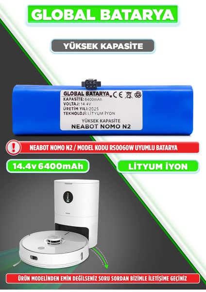 Neabot Nomo N2 Uyumlu Akıllı Robot Süpürge Bataryası 14.4V 6400MAH Li-Ion Pil (Yüksek Kapasite)