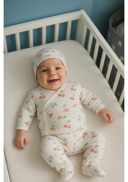 3 Lü Bebek Zıbın Takımı 0-3 Ay %100 Pamuk Kendinden Eldivenli Şirin Desenli