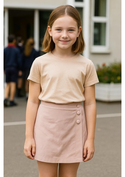 06-14 Yaş Kız Çocuk Düğmeli Kapaklı Etek - Bej