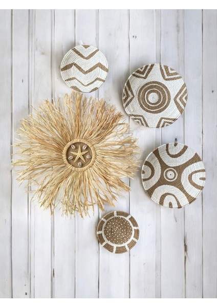 Beyaz 5'li El Yapımı Hasır Duvar Tabağı Seti – Şık ve Dekoratif Duvar Süsü Koleksiyonu