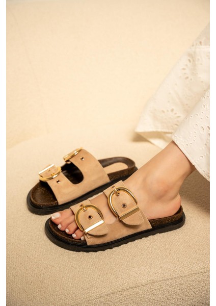 Craft Bej Süet Gold Toka Detaylı Kadın Terlik