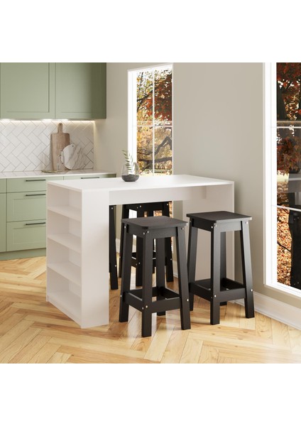 Pablo G4931 4 Adet Siyah Tabureli Beyaz Bar Masası 4 Raflı Açık Depolamalı Çok Amaçlı Mutfak Masası