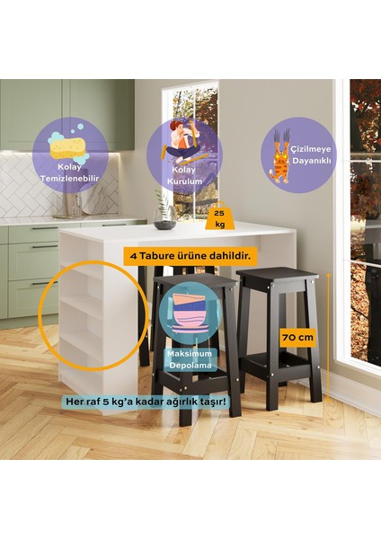 Pablo G4931 4 Adet Siyah Tabureli Beyaz Bar Masası 4 Raflı Açık Depolamalı Çok Amaçlı Mutfak Masası fiyatları