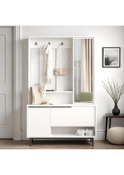 Portmanto Vestiyer Ayakkabılık Aynalı Metal Ayaklı Beyaz