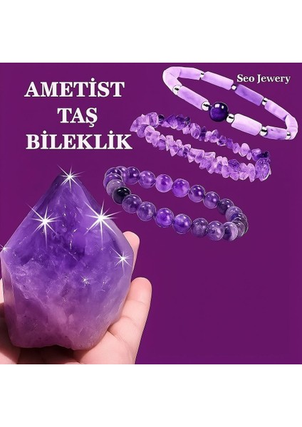 Ametist Taşı 3 Adet Doğaltaş Bileklik, Mor