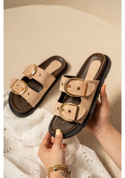 Craft Bej Süet Gold Toka Detaylı Kadın Terlik modelleri