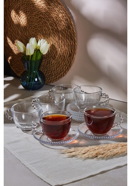 Girona Boncuk Desensiz Cam Çay Fincan Seti 12 Parça – Şık, Zarif ve Günlük Kullanıma Uygun Tasarım