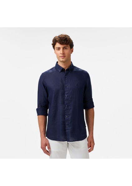 Erkek Lacivert Classic Fit Keten Gömlek