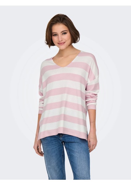 15354092 V Yaka Kadin Triko - Pembe Cizgili