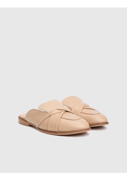 Pedra Hakiki Deri Bej Kadın Terlik