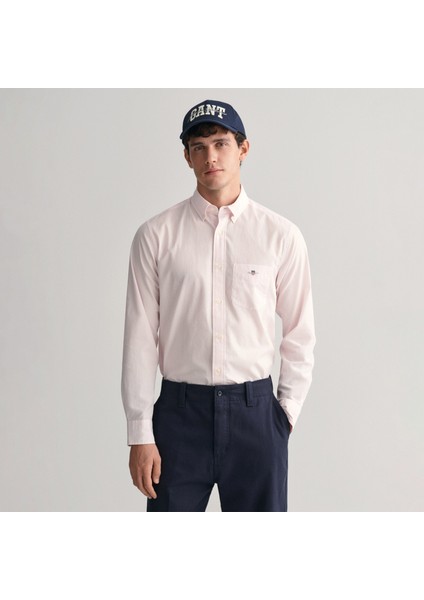 Erkek Pembe Regular Fit Çizgili Düğmeli Yaka Gömlek