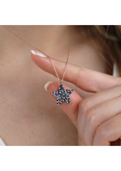 Renkli Zirkon Taşlı Rose Gold Kaplama Yıldız Gümüş Kolye