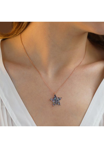 Renkli Zirkon Taşlı Rose Gold Kaplama Yıldız Gümüş Kolye modelleri