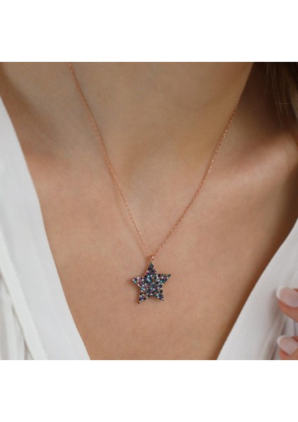 Renkli Zirkon Taşlı Rose Gold Kaplama Yıldız Gümüş Kolye fırsatları