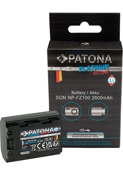 Platinum NP-FZ100 Uyumlu Batarya – 2600mAh, USB-C Girişli, Sony A7 Serisi İçin Yüksek Kapasiteli Pil