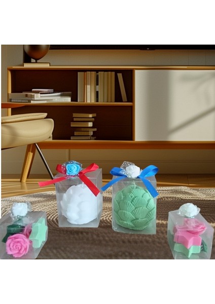 Istiridye Görünümlü Kokulu Yeşil Beyaz Pembe Renk Doğal Yapım 4lü Dekoratif Mum
