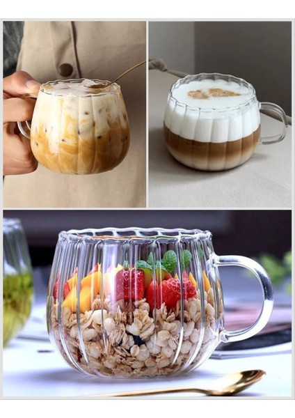 Kahve Çizgili Cam Kupa Kahve Çay Kupası - Kupa Sunum Bardak Seti 3 Adet 400 ML