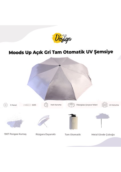 Moods Up Açık Gri Tam Otomatik Uv Şemsiye, Rüzgara Dayanıklı, Hızlı Kuruyan, Çanta Boy