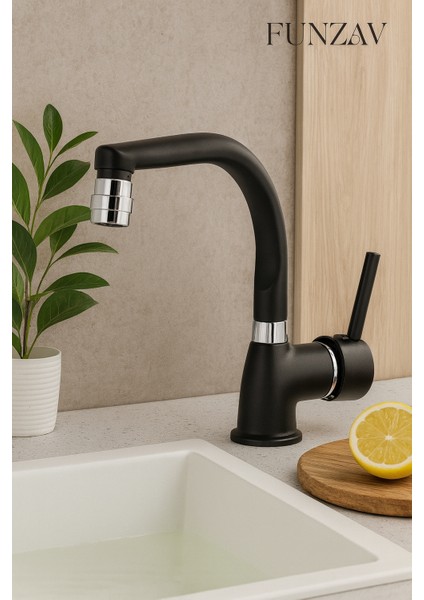 Lahza Siyah Lavabo Banyo Bataryası Çubuk Kol 360 Oynar Başlıklı Tasarruflu Musluk Çift Su Girişli fiyatları