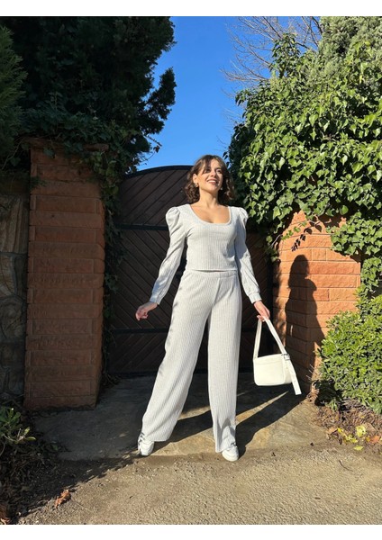 Fitilli Prenses Kol Alt Üst Takım Gri