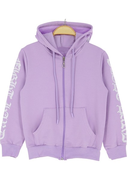 Kız Çocuk Kolları Kapüşonu Yazı Desenli Fermuarlı Kanguru Cepli Lila Hırka