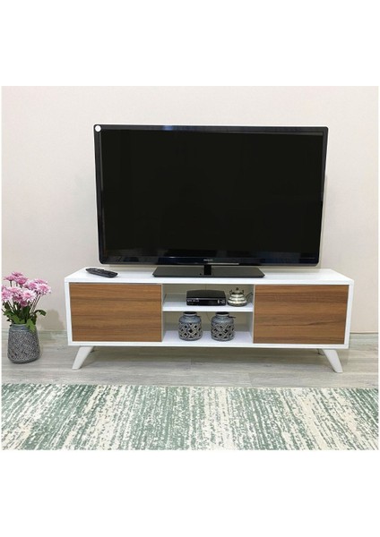 Beyaz-Ceviz TV Sehpası ve Ünitesi – Suntalam Melamin, Ceviz Kapaklı, 120x42x30 cm, Şık Tasarım fırsatları