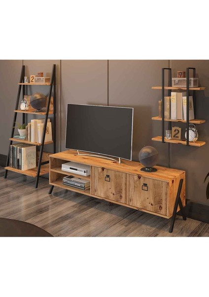 Yanke Atlantik Çam TV Ünitesi ve Kitaplık – Suntalam Gövde, Metal Raflı, Modern Dekora Uygun 150x35x58 cm indirimleri