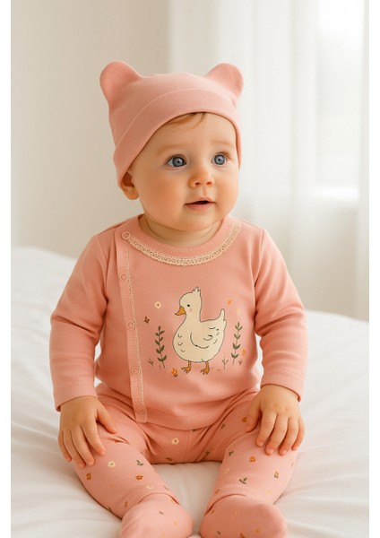 Yenidoğan Kız Bebek Seti | Pamuklu Ördek Baskılı Dantelli Patikli Takım