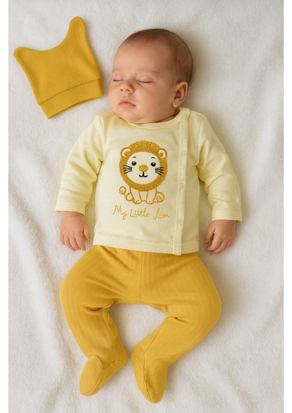 “%100 Pamuklu My Little Lion 3’lü Bebek Takımı – Uzun Kollu Üst, Patikli Alt ve Şapka