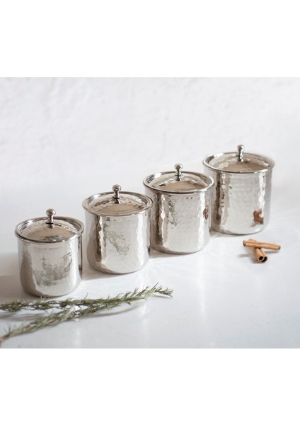 Bakır Baharat Takımı Çekiç Dövmeli Gümüş Renk (4'lü)