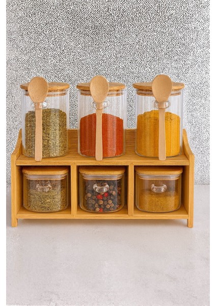 6lı Bambu Stantlı Borosilikat Cam Baharatlık Seti 430 ML+330 ML(11515) fiyatları