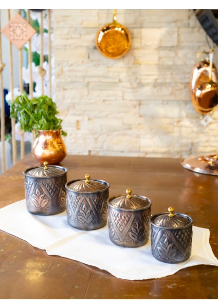 Bakır Baharat Takımı Desen Kakmalı Model Oksit Renk (4'lü)