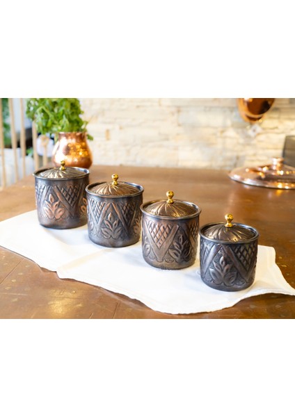 Bakır Baharat Takımı Desen Kakmalı Model Oksit Renk (4'lü) modelleri