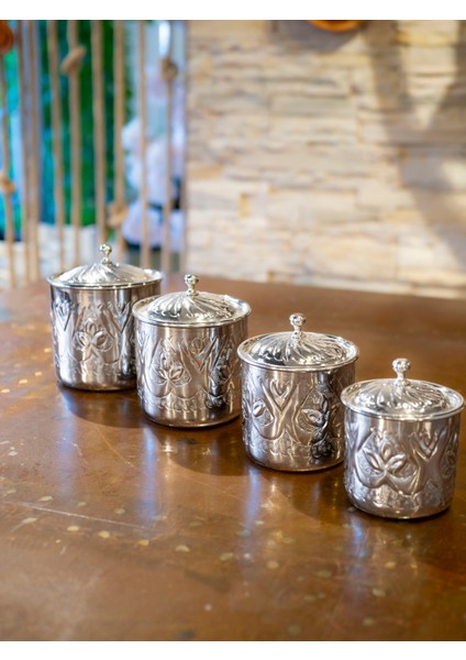 Bakır Baharat Takımı Desen Kakmalı Model Gümüş Renk (4'lü)