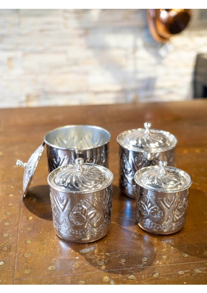 Bakır Baharat Takımı Desen Kakmalı Model Gümüş Renk (4'lü) modelleri