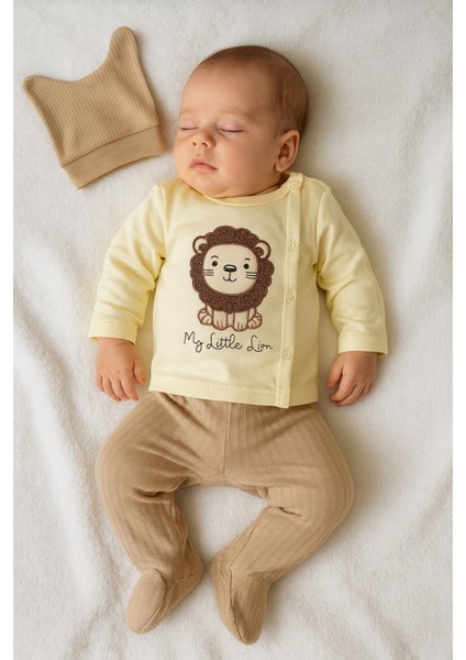 “%100 Pamuklu My Little Lion 3’lü Bebek Takımı – Uzun Kollu Üst, Patikli Alt ve Şapka