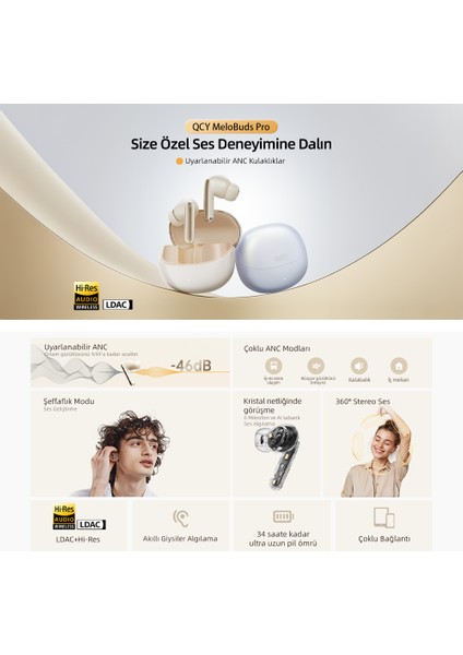 HT08 Melobuds Pro Hi-Res Ldac Adaptif Anc 6 Mikrofon Bluetooth 5.3 Kablosuz Kulaklık Gold