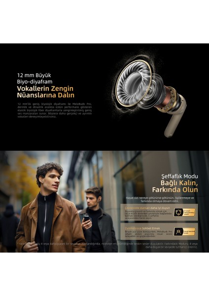 HT08 Melobuds Pro Hi-Res Ldac Adaptif Anc 6 Mikrofon Bluetooth 5.3 Kablosuz Kulaklık Siyah