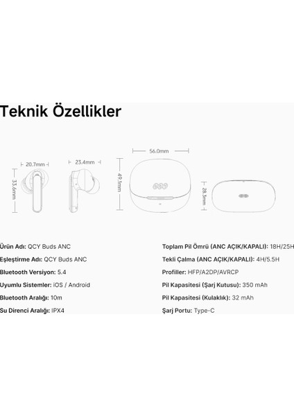 Buds Anc HT15 Bluetooth Kulaklık - 45 Db. Anc - 6 Mikrofon Enc - Çift Cihaz Gürültü Engelleme Ipx4