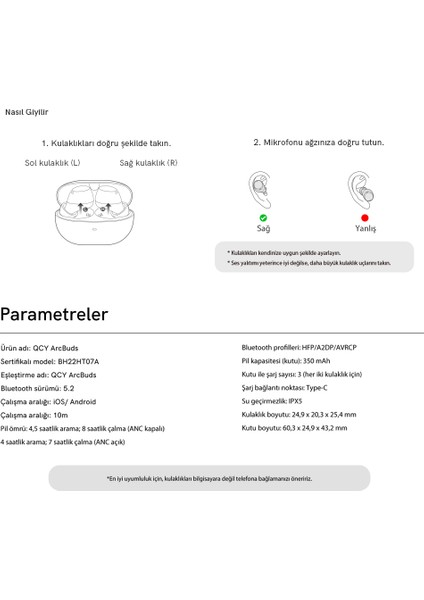 HT07 Arcbuds Beyaz Anc 6 Mikrofonlu Bluetooth 5.2 Kablosuz Kulaklık