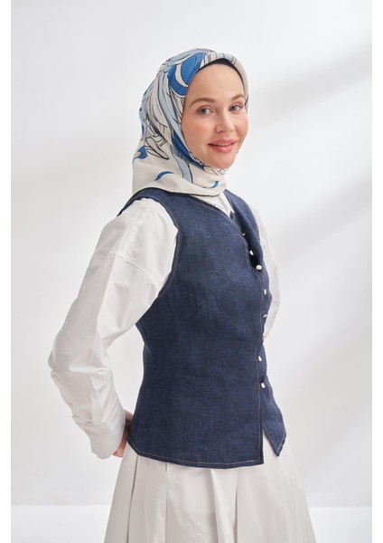 Ivory Desen Tivil Ipek Eşarp 4356-KREM Indigo