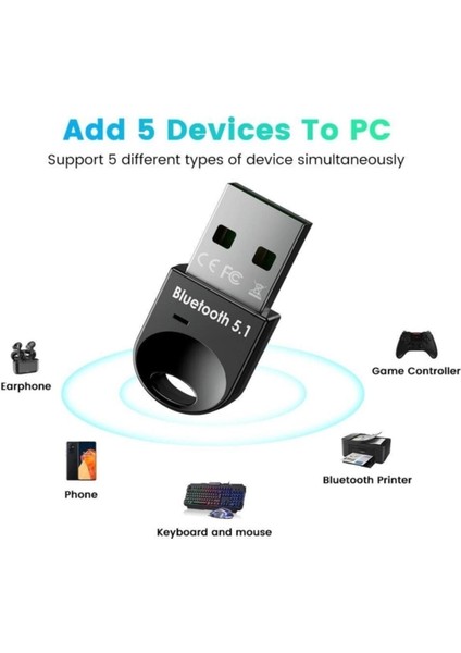 Bluetooth 5.1 EDR Mini USB Adaptör – 3 Mbps, 20 m Kapalı / 50 m Açık Menzil, Tak Çalıştır, Kompakt ve Taşınabilir