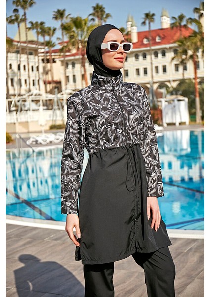 Remsa Tesettür Mayo Kadınlar İçin Beyaz Yaprak Desenli Paraşüt Kumaş Üst ve Pantolon Seti