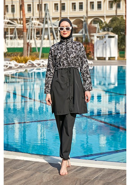 Remsa Tesettür Mayo Kadınlar İçin Beyaz Yaprak Desenli Paraşüt Kumaş Üst ve Pantolon Seti