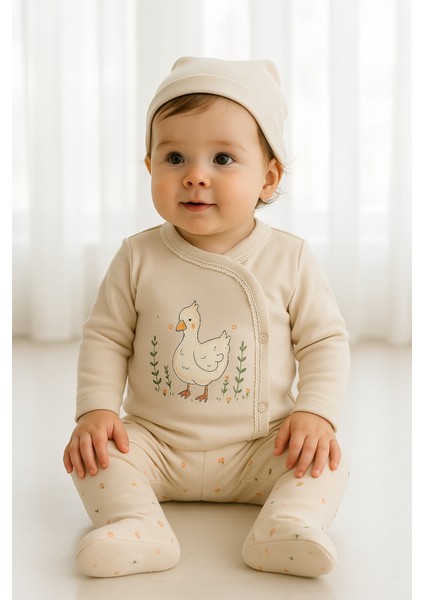 Yenidoğan Kız Bebek Seti | Pamuklu Ördek Baskılı Dantelli Patikli Takım