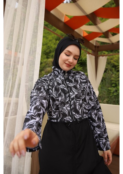 Remsa Tesettür Mayo Kadınlar İçin Beyaz Yaprak Desenli Paraşüt Kumaş Üst ve Pantolon Seti